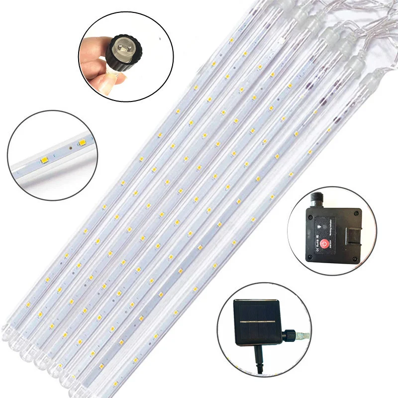 Guirxiété Lumineuse LED Solaire en Forme de Pluie de Météores, Luminaire Décoratif d'Extérieur, Idéal pour un Jardin, un Mariage, une Rue ou des Vacances de Noël, 8Tubes, 30/50cm