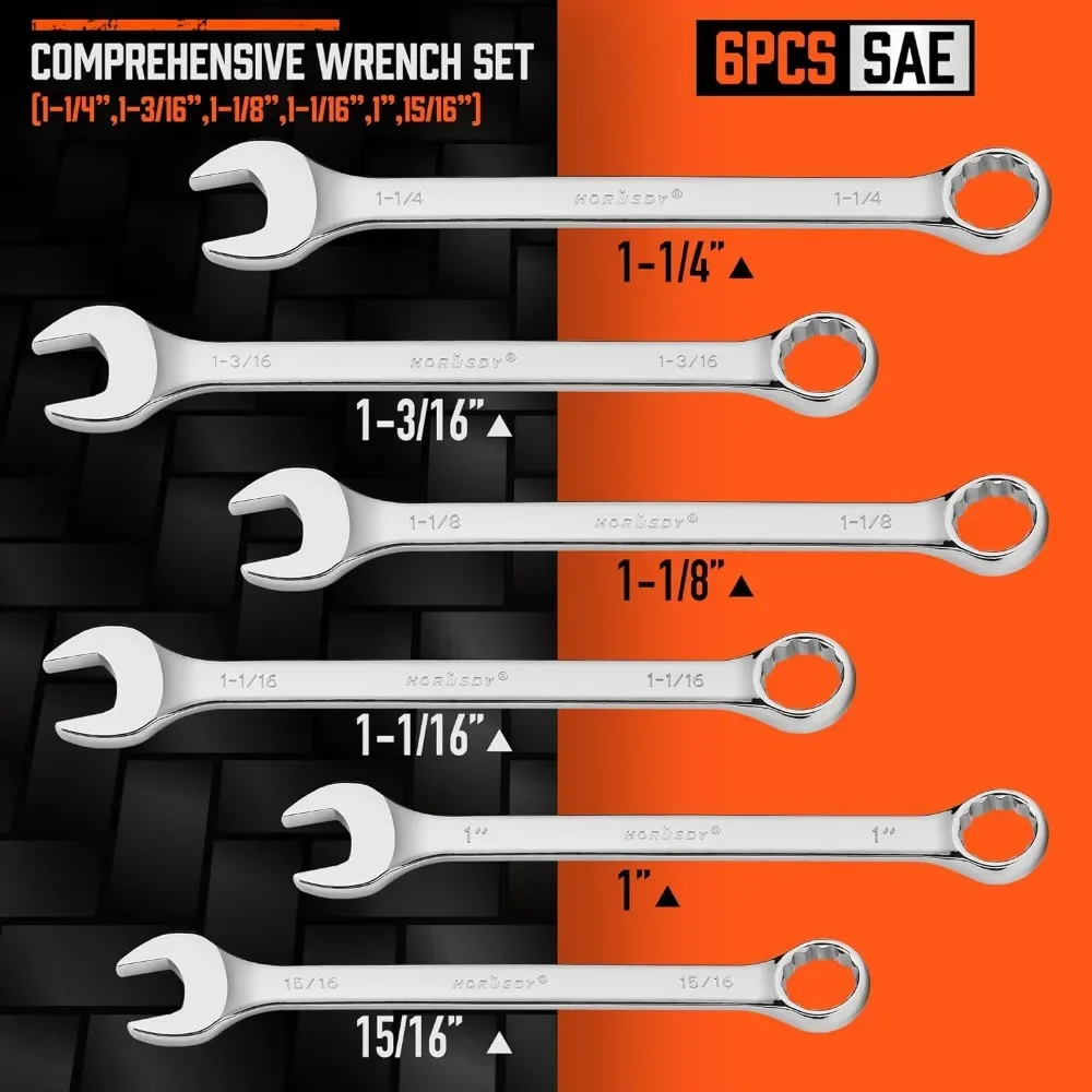 Large Wrench Set Rolling Pouch SAE 6-Piece 15/16″, 1″, 1-1/16″, 1-1/8″, 1-3/16″, 1-1/4″ 12 Point Chrome Vanadium Steel