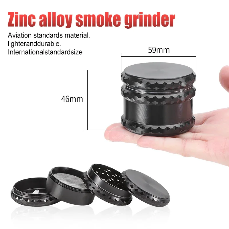 Zinc Alloy Grinders for Herb and Spice, Tobacco Crusher, Manual Cigarette Grinder Machine, Smoking Accessories, 4-Layer, 60mm