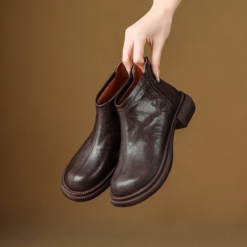 2026 new winter women ankle boots natural leather plus size 22-26.5cm sheepskin round toe retro back zip short boots warm