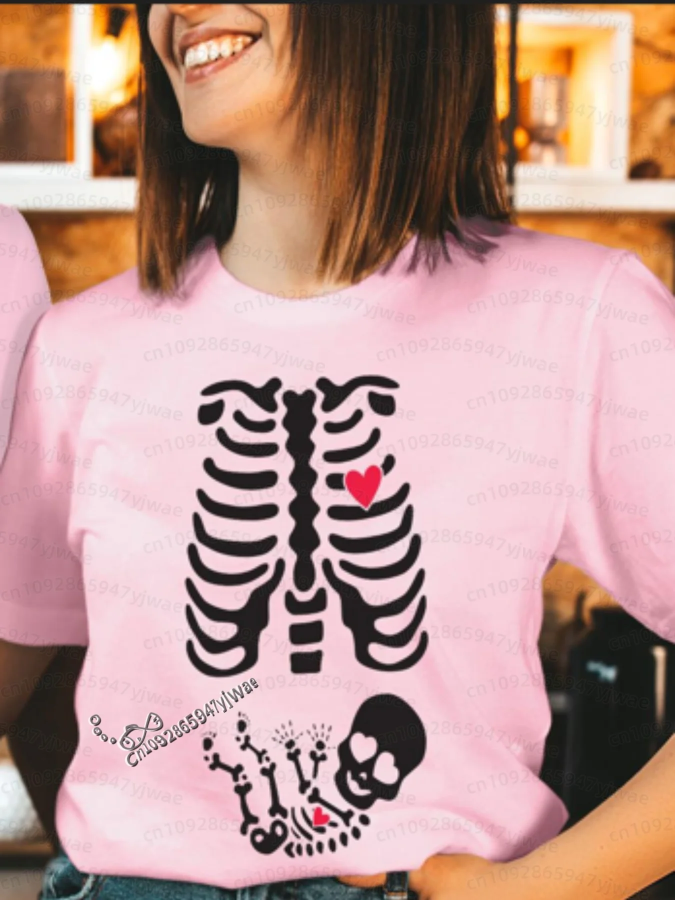 2026 Herren Halloween Skelett Schwangerschafts-Baby Halloween T-Shirt Totenkopf-Knochen-Druck Kurzarm Damen Herren Halloween Paar T-Shirt – Detail 19