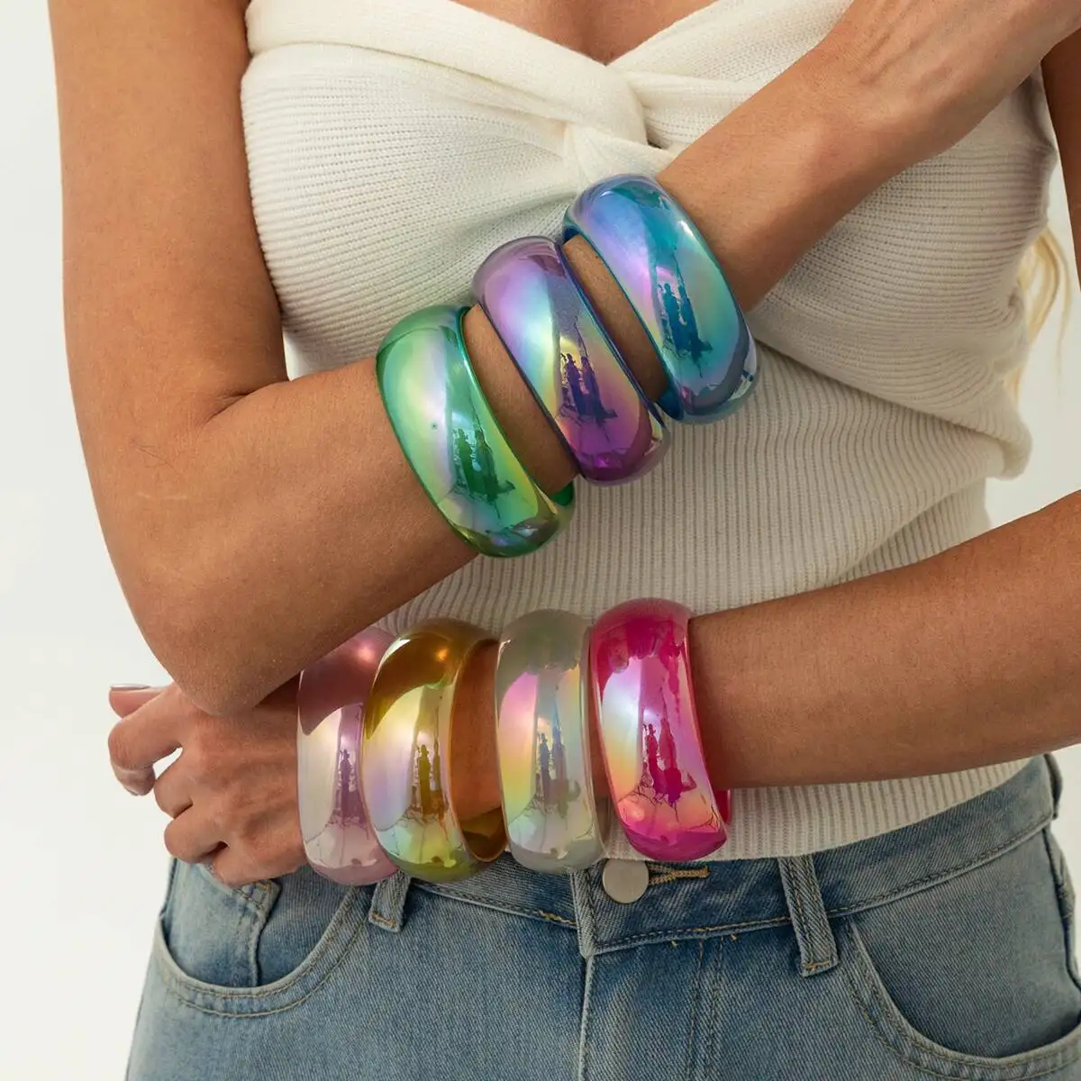 Salircon Boho 7-Farben-Harz-Acryl-Charm-Armband, Armreifen, Damenmode, bunt, geometrisch, breit, klobig, Party-Armreif, Schmuck