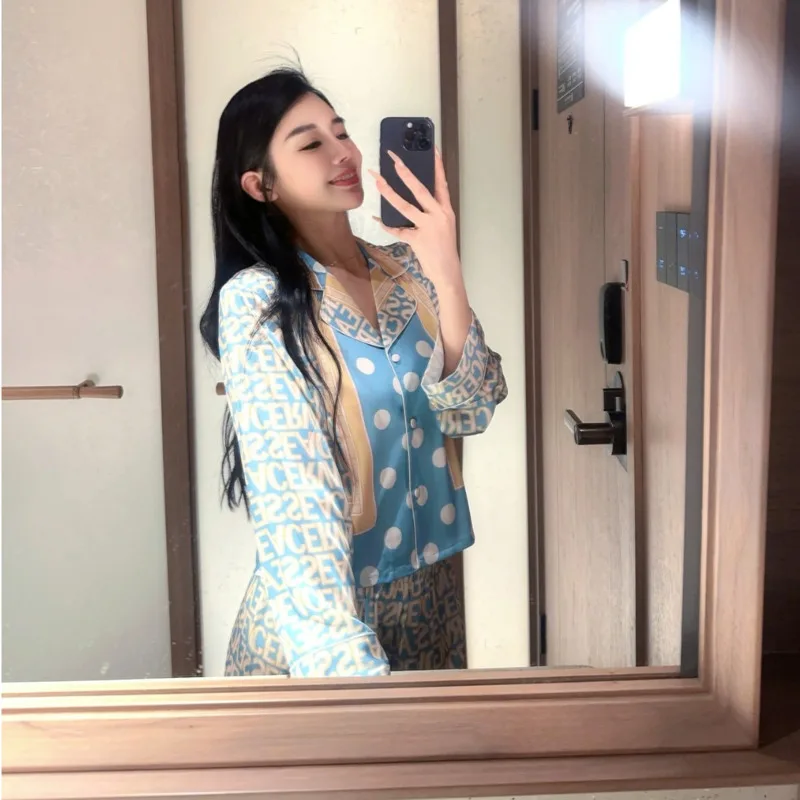 2025 Autumn Winter Fashion European Polka Dot Print Letter Ice Silk Pajamas Women Long Sleeve Pants Two Piece Set Nightgown