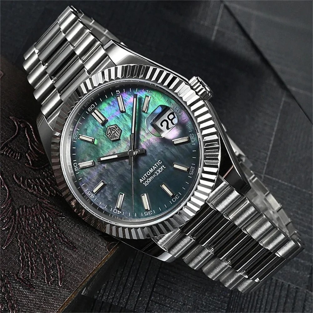 San Martin Men Watch 40mm Vintage MOP Dial Retro Business Luxury Sapphire PT5000 Automatic Mechanical Carving Fluted Bezel 10Bar