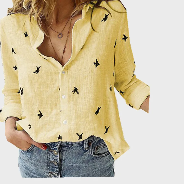 Spring/Summer Solid Color Elegant Casual Loose Print Long sleeved Linen Shirt Office Shirt Shirts & Blouses Camisas E Blusas