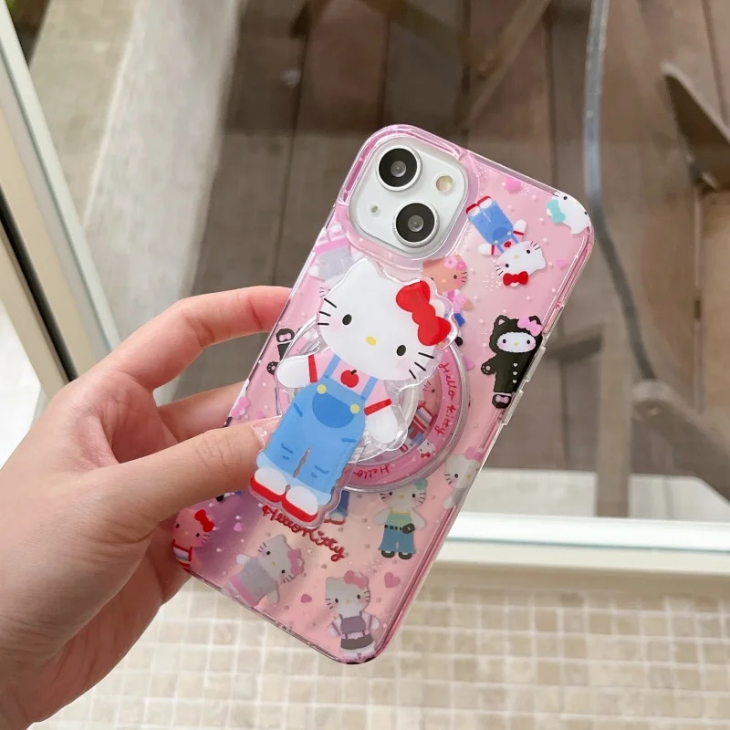 

cute pink Polka Dots Love Hello Kitty Magsafe Wireless Charge Case For iPhone 14 15 16 17 Pro Max Cartoon Kitty Magnetic Holder