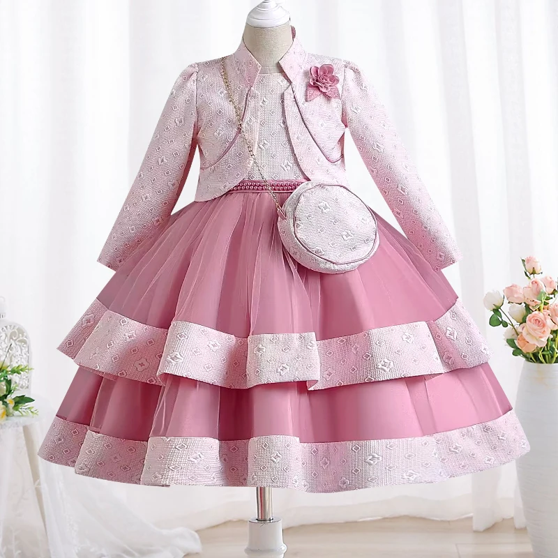 Girls Elegant Gold Silk Embroidery Pattern Tulle Dress Girls Birthday Party Campus Prom Long Sleeve Evening Dress 3-Piece Set