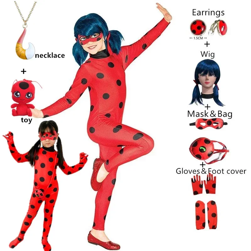 Halloween Birthday Party Costume for kids Carnival Child Bug Costume Jumpsuit Mask Bag Superhero Cosplay Red Polka Dots Costume