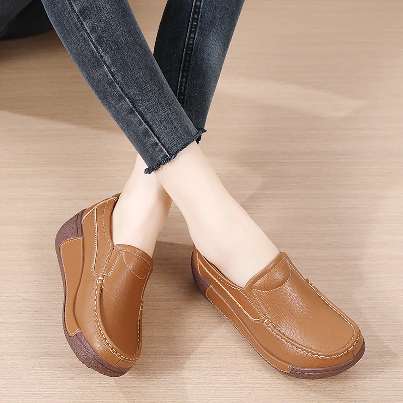 2023 New Spring Autumn Women Thick Bottom Shoes Flat on Platform Casual Shoes Leather Shoes Sewing Round Toe Zapatos Mujer 41 42