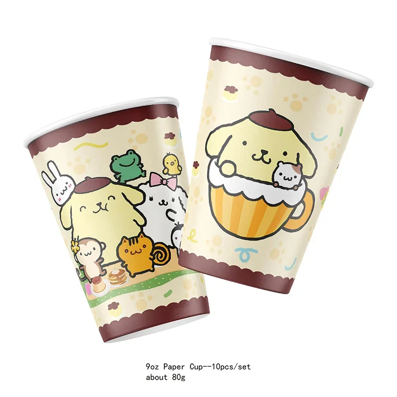 Sanrio Pom Pom Purin decorazioni per feste di compleanno per bambini favore piatto per bicchieri di carta Cupcake Festival battesimo stoviglie usa e