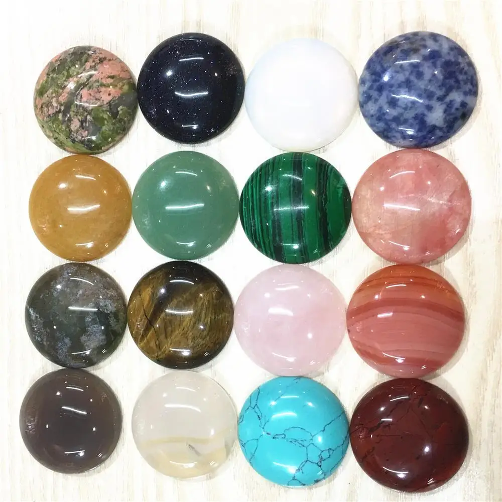 30MM Natural Stone Cabochons Round Beads  Roses Quartz Malachite Agate Opal Unakite Fashion For Jewelry Making Wholesale 12PCS