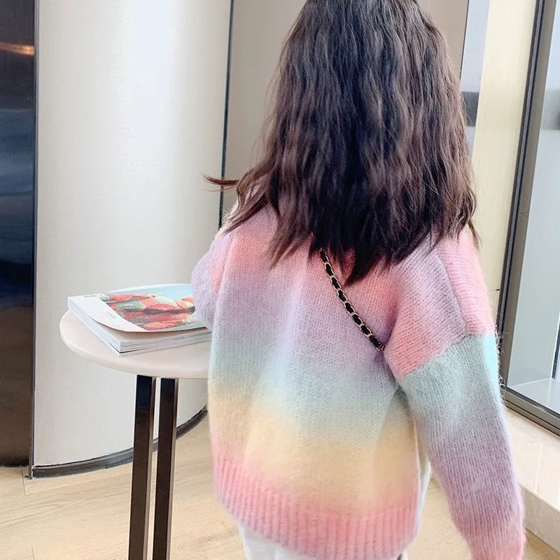 Girl\'s Sweater Spring Gradient Color Cardigan Sweater New Children Rainbow Net Red Ocean Style Coat Fashion