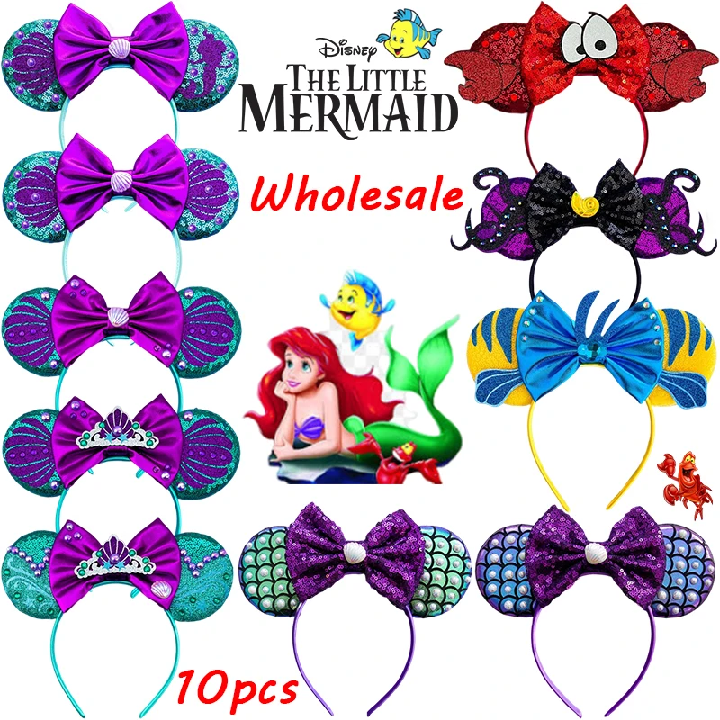 10 Pcs Wholesale The Little Mermaid Headbands Girls Flounder Hair Accessories Women Disney Ariel Pearls Shell Ears Hairband Kids