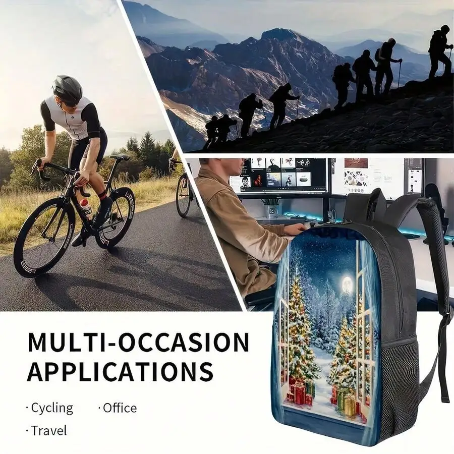 

Large Capacity Christmas Winter Wonderland Backpack For Travel Office Cycling Lightweight Washable Zipper Adjustable Straps