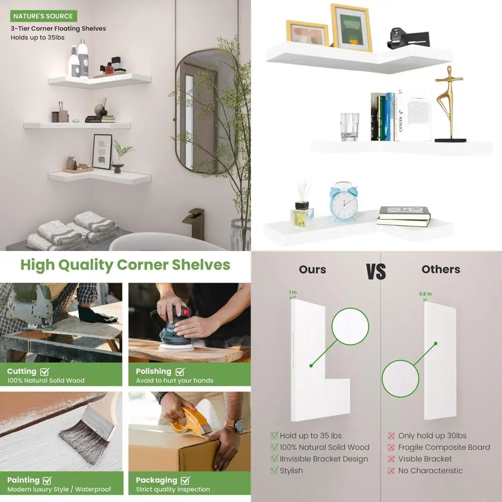 

Modern Corner Wall Shelves Set of 3, 16.6x6 White, for Home & Office - Floating Design with Hidden Brackets