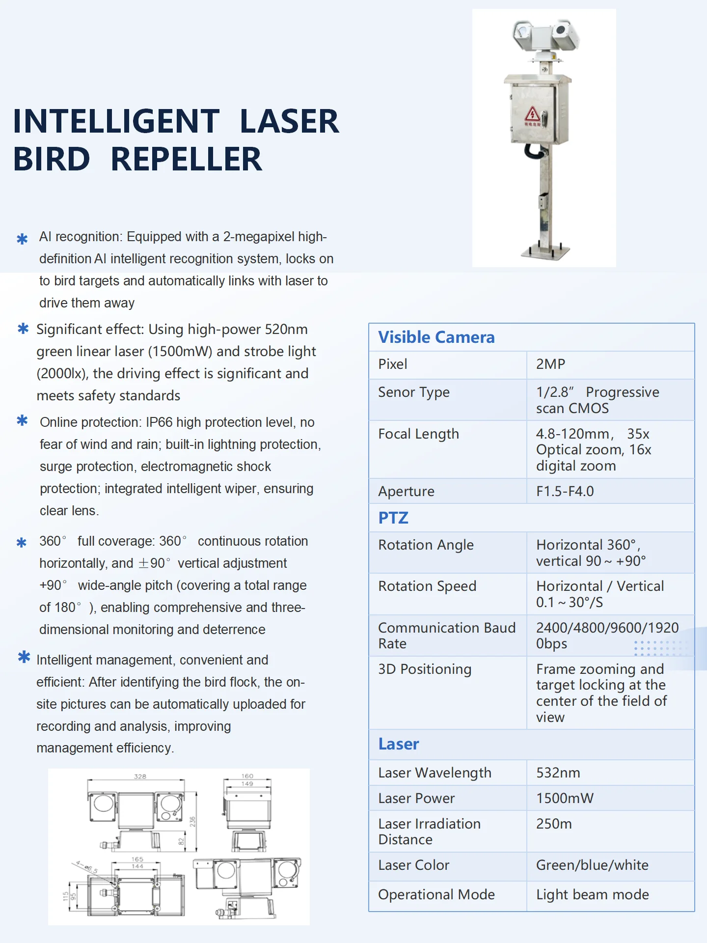Laser Bird Repeller AI Identification PTZ Camera with Cloud & SD Card Storage for Substation Farm