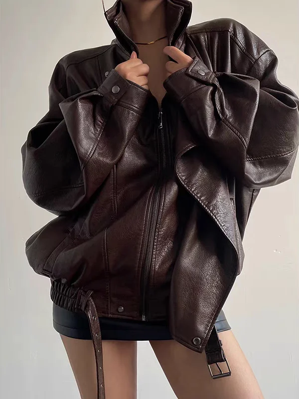 Cappotto sciolto in pelle PU con doppio colletto Jaet da donna Faionable Ele Sle Design coreano Autunno Inverno Nuovo cappotto Sle di Hong Kong