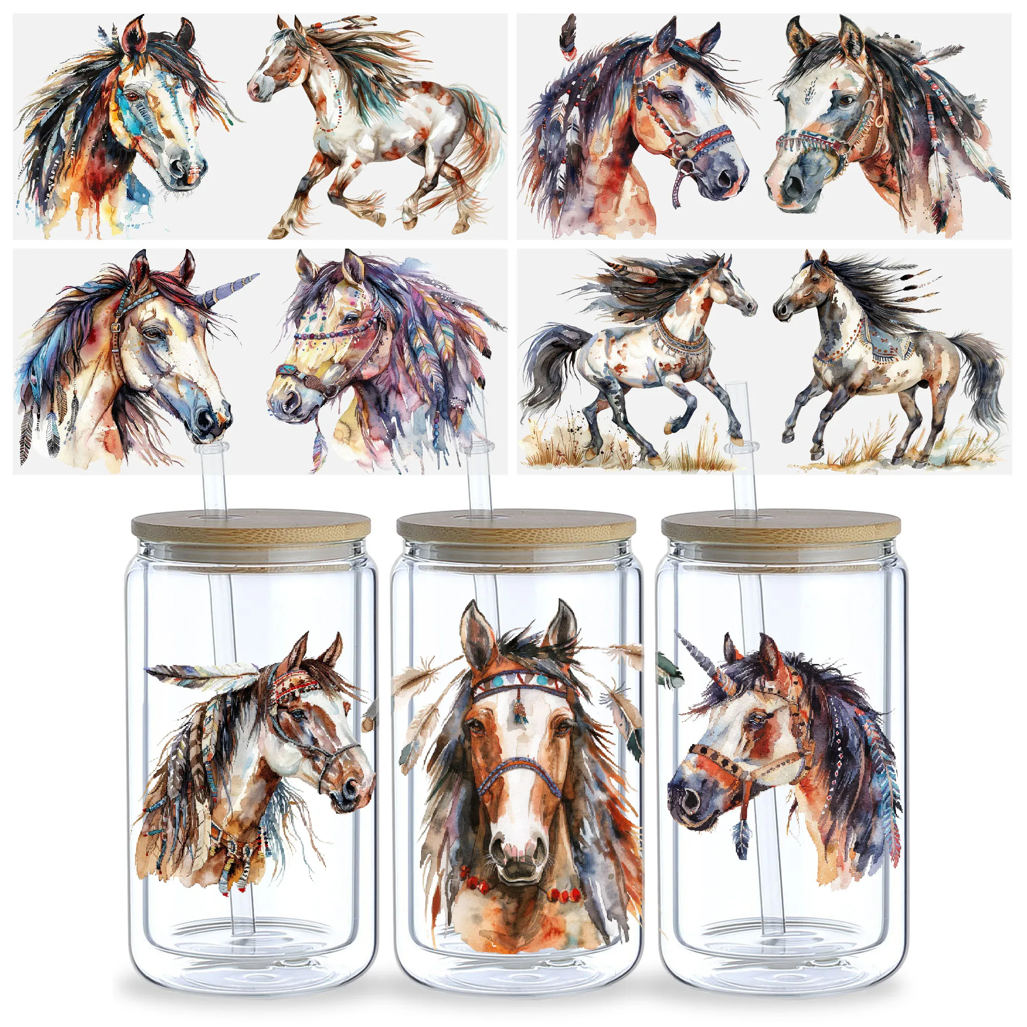 5 Sheets Native Horse UV DTF Cup Stickers, Glass Cup DTF Transfer Stickers, Waterproof Wipe-Off Transfer Paper for 16 Ounces Gla