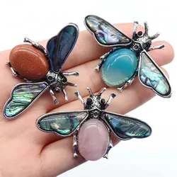 35x56mm Cute Bee Shape Pendant Natural Stone Crystal Agate Abalone Shell Brooch Charms for Jewelry Making DIY Necklace Accessory