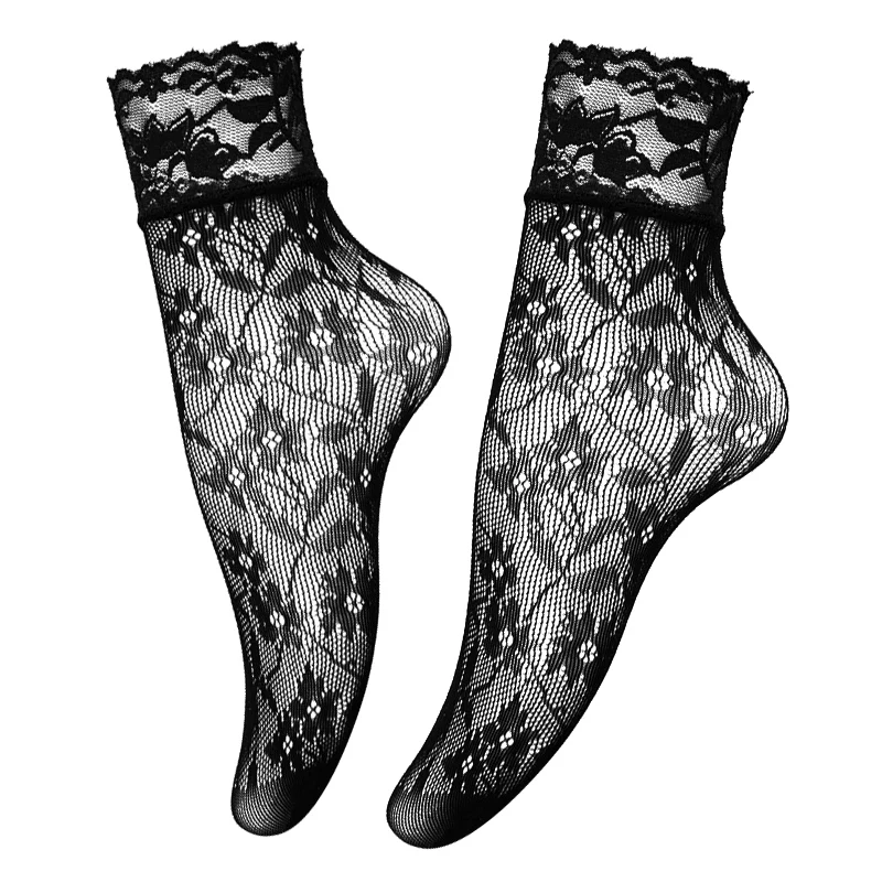 Mesh Lace Socks Women Summer Lolita Fishnet Socks Hollow Out Crochet Flowers Skarpetki Sheer Mesh Ankle Sock Female Socken