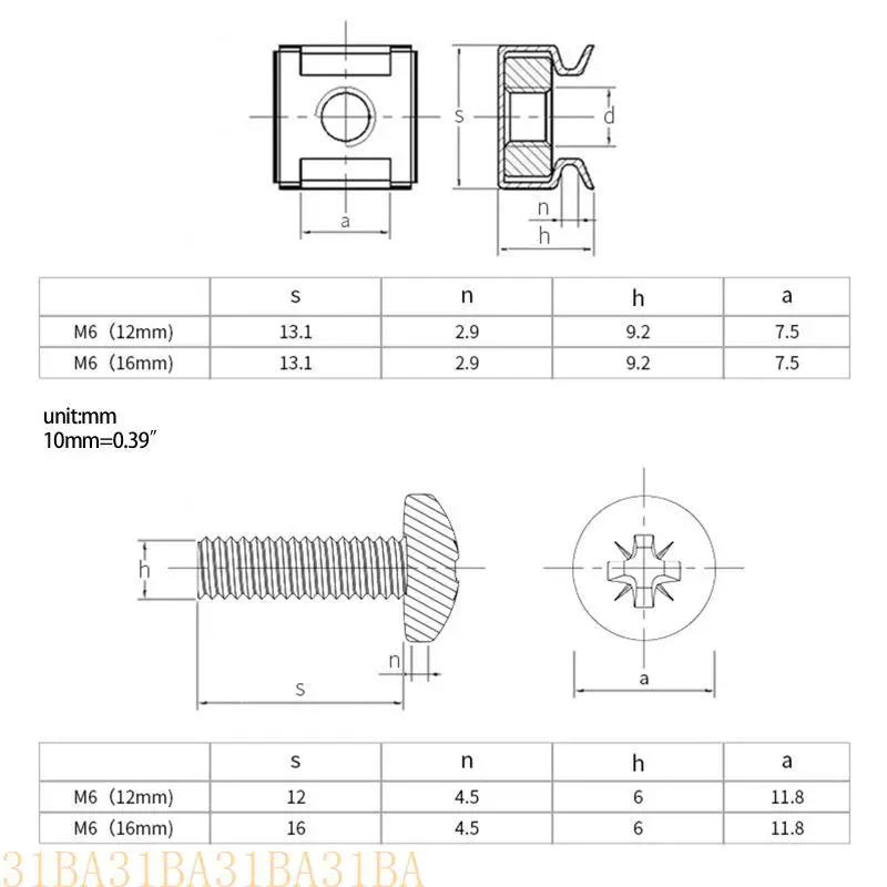 サーバーキャビネットラックハードウェアのための31BA M6ケージナットと取り付けボルトネジ12/ 16mm