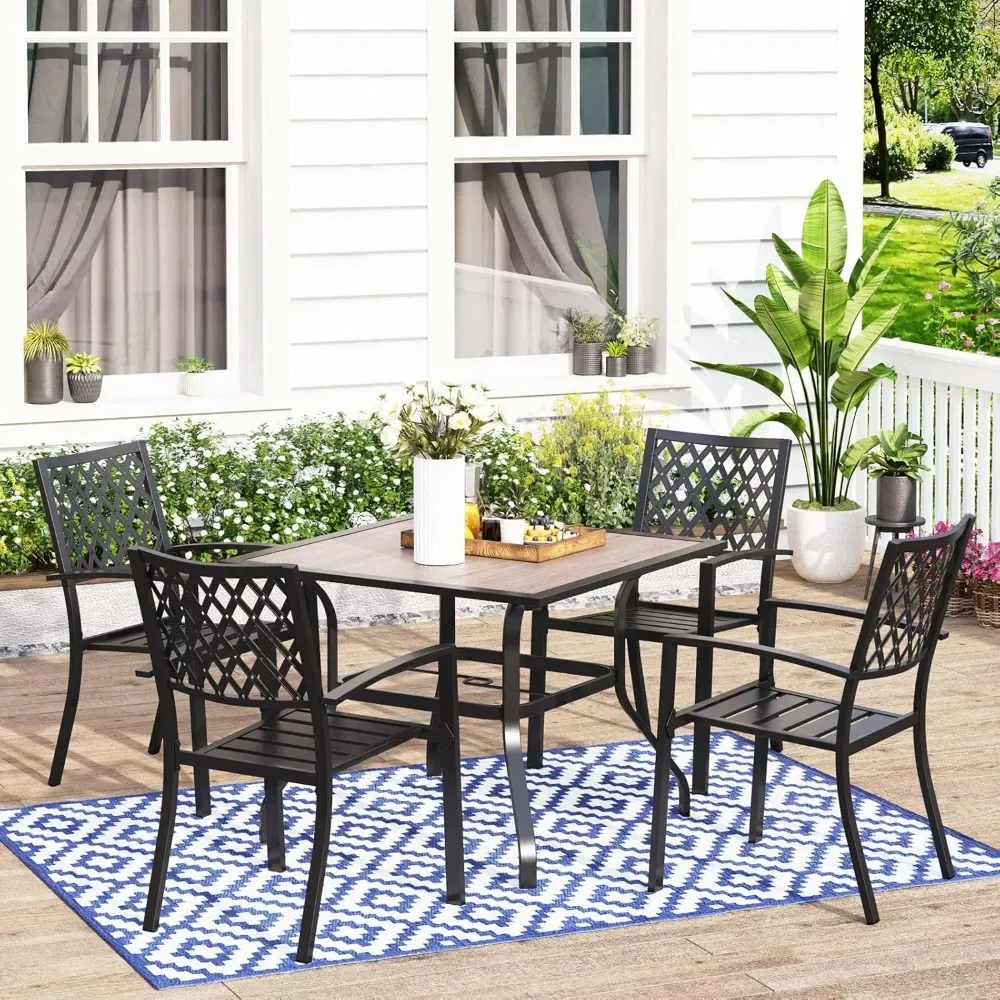 5-piece patio dining table set, 4 metal stacked chairs and 37-inch square outdoor dining table with umbrella holes