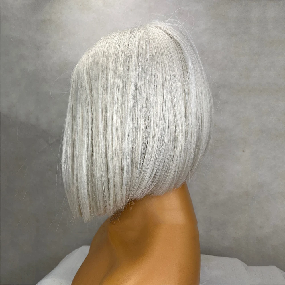 Peluca corta de cabello humano, postizo de 12 pulgadas con encaje frontal sintético, raya central recta, color blanco, rubio platino, 150 de