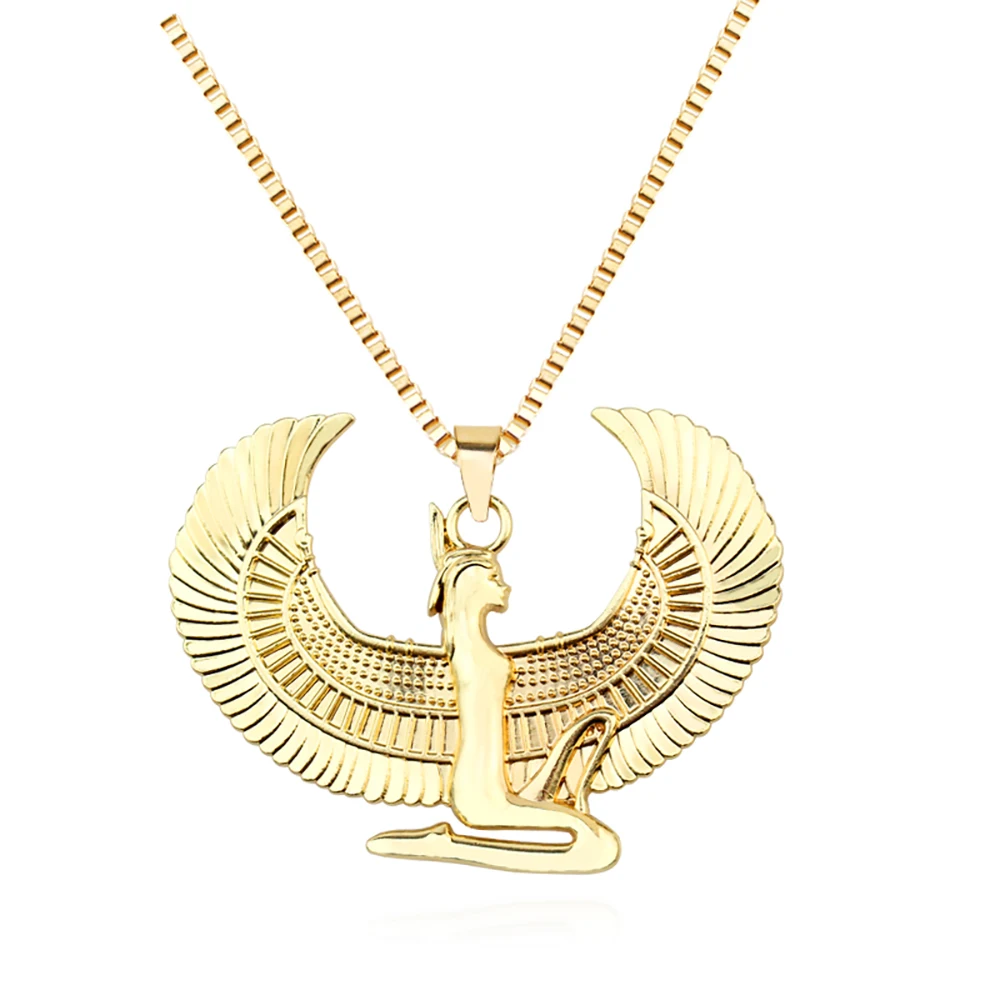 Ancient Egyptian Mythology Goddess Isis Wings Necklace Stainless Steel Pendant Necklace Women Vintage Egypt Gold Color Jewelry