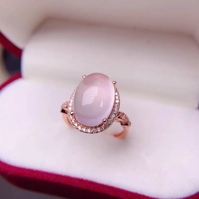 

585 Purple Gold Natural Pink Round Chalcedony Transparent rings for women Light Luxury Sweet Plated 14K Rose Gold Jewelry