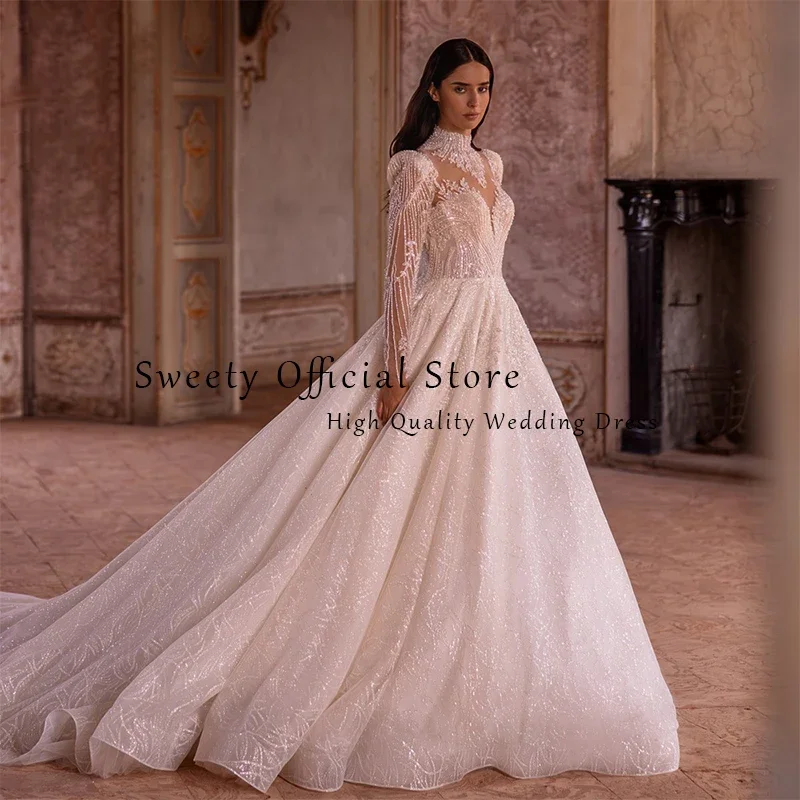 Robe de Mariée Luxueuse en Dentelle Brodée sur Filet, Tenue de Bal à Perles, Col Haut, Manches sulf, lèvent