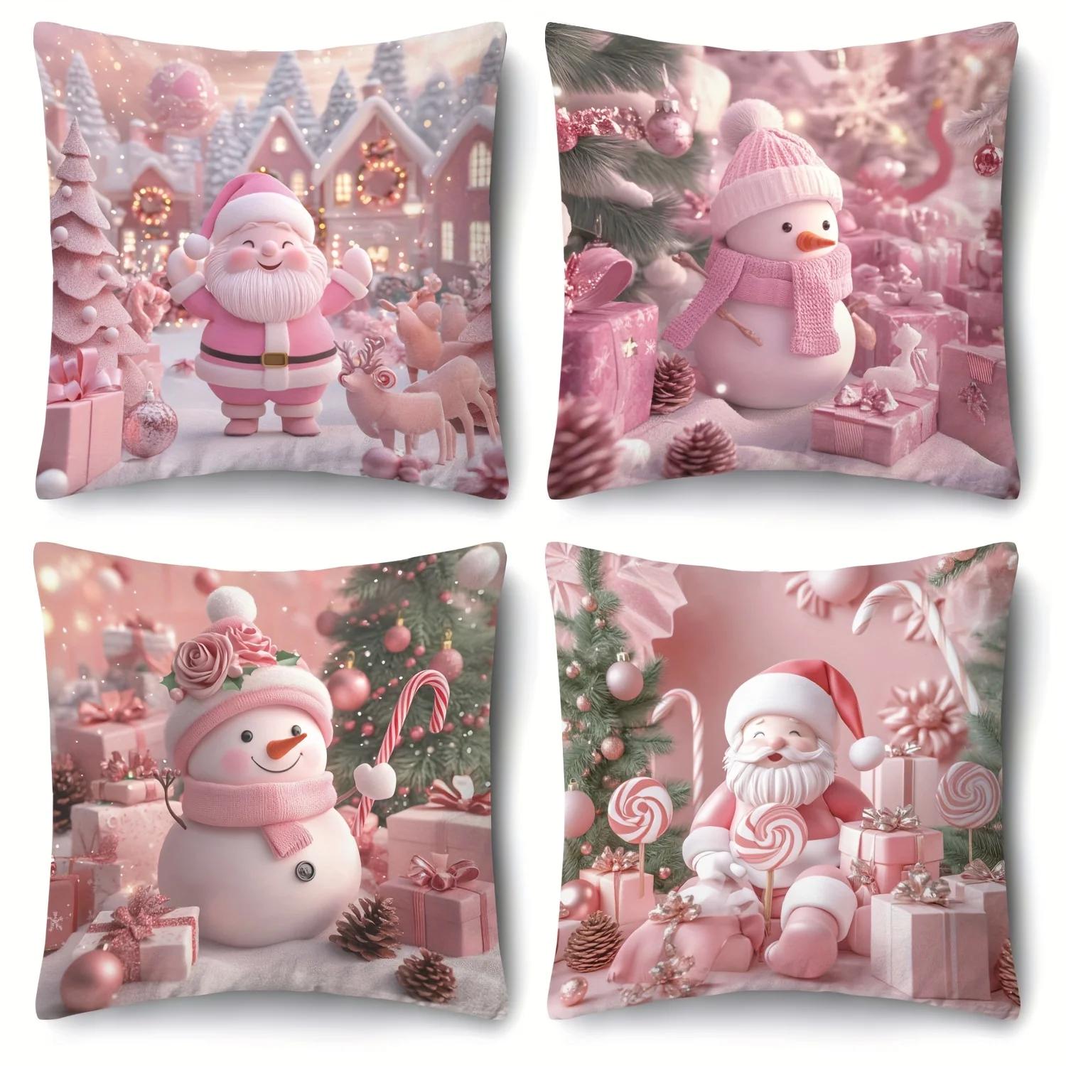 

4pcs Pink Christmas Pillow Covers, Santa Tree Snowman Gift Print, 2D Polyester Zippered for Home Office Decor
