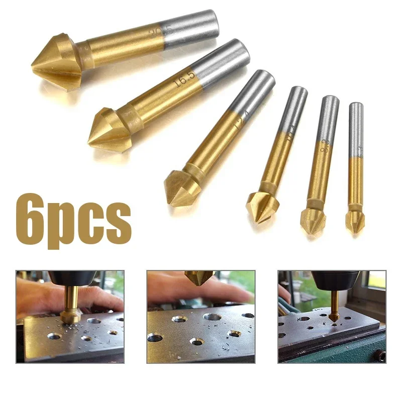 

6Pcs 3 Flute 90 Degree HSS Chamfering Cutter End Mill Tool Round Shank Countersink Deburring Drill Bit Set 6.3-20.5mm