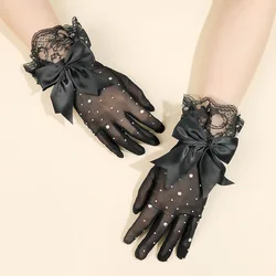 2023 New Halloween cosplay dress gloves Mesh flash drill black lace bow gloves