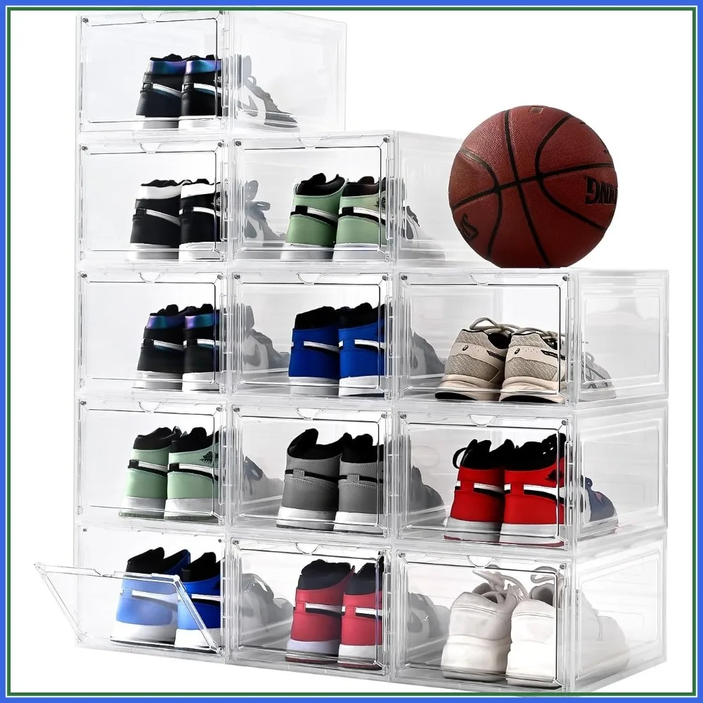 

Stackable Plastic Shoe Boxes, Clear 12 Pack, Magnetic Door, 13.5x10.5x7.4 inches