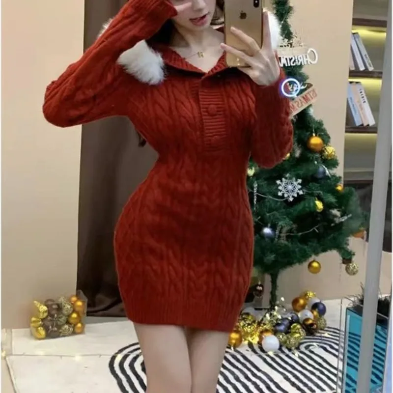 Winter Gentle Lolita Women's 2024 New Pullover Hooded Button Fried Dough Twists Fashion Solid Sweater Knitted Waist Slim Dress