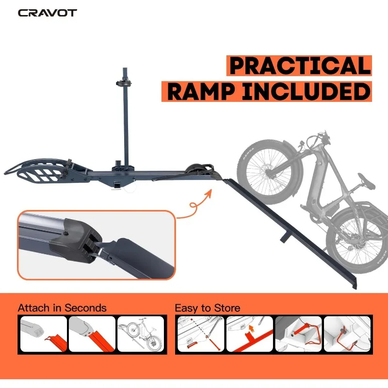 100 lb. capacity single-mount platform style accommodates 5“ wide tire e-bike frames for 2” receiver cars