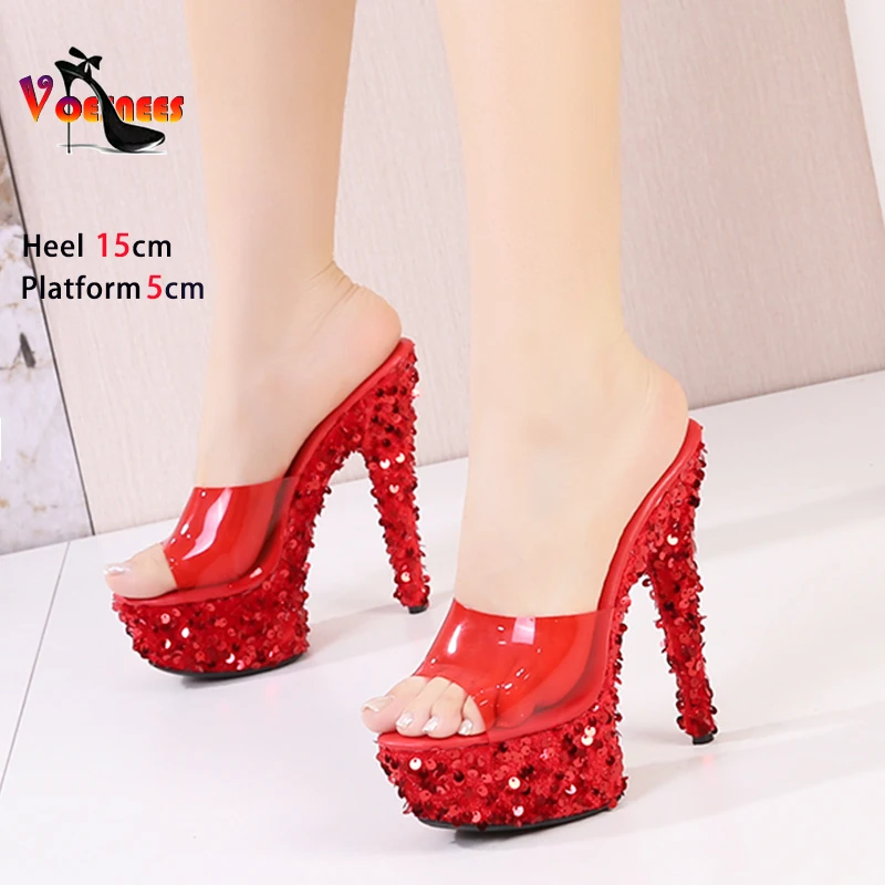 15CM Thin Heel Stage Show Shoes Women Nightclub Summer Glitter Sandals Designer New Sequined Platform High Heels Slippers 34-43