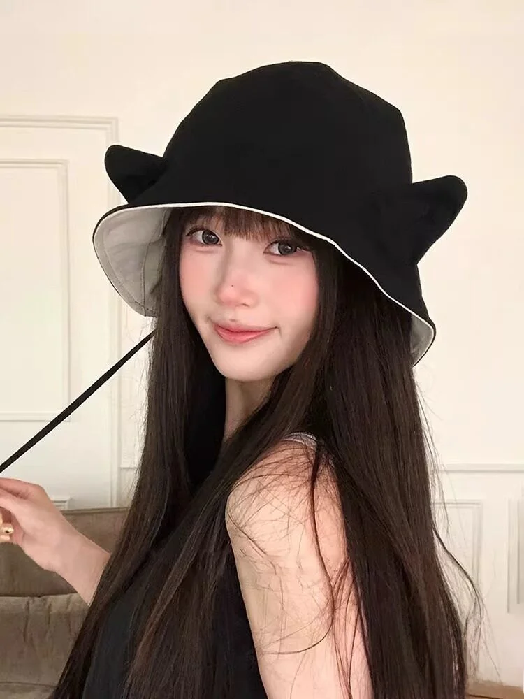 cute-ear-double-sided-fisherman-hat-women's-summer-sun-protection-hat-face-slimming-versatile-bucket-hat-foldable-all-sea