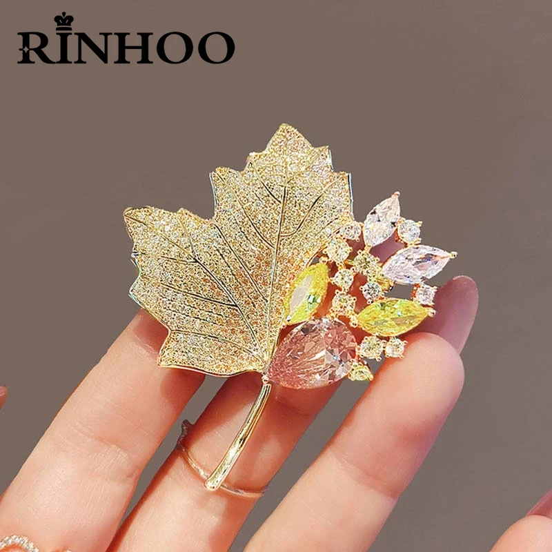 Rinhoo Full Zircon Double Red Plant Leaves Maple Brooches For Women Crystal Leaf Buckle Pins Badge Party Jewelry Gift