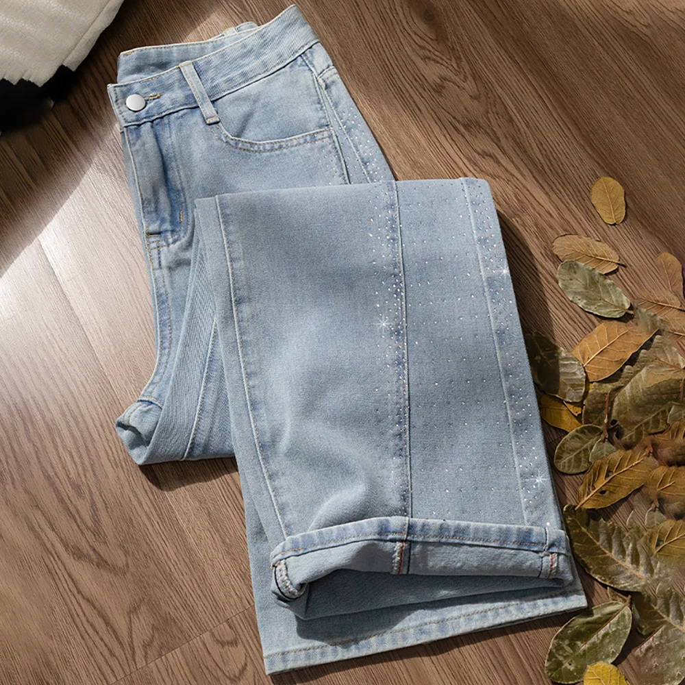 

Fashion Starry Sky Diamond Jeans Women High Waist Straight Loose Thin Denim Pants Spring Autumn Slim Wide Leg Floor Pants