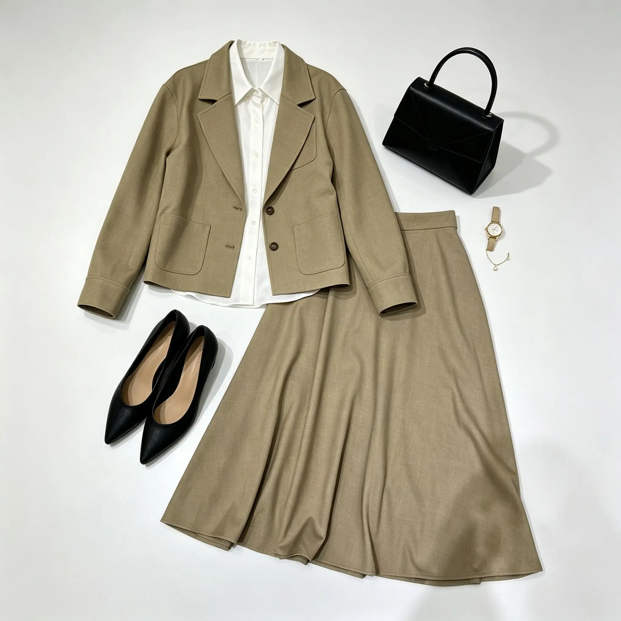 Women Autumn Two‑Piece Set, Pocket Spliced Single‑Breasted Short Coat And Midi Skirt