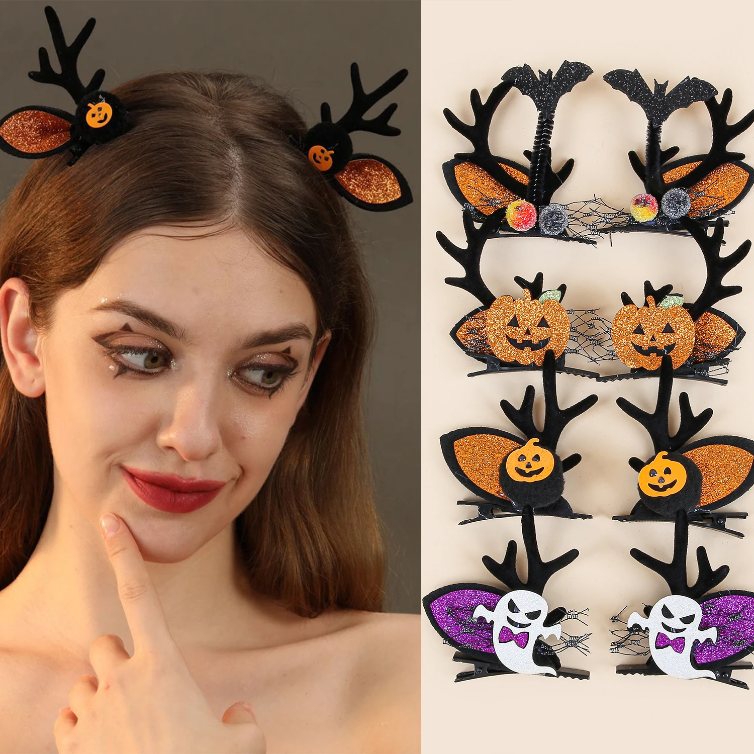 2pcs Kids Halloween Hair Clips Pumpkin Hairpins Clips Girls Festival Party Antler Barrettes Hair Clips Children Hair Accessories