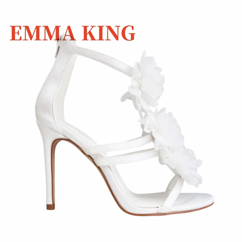 زهرة ديكور الساتان صنادل عالية الكعب الصيف المرأة الخناجر صنادل طراز جلاديتور موضة عودة زيبر فستان الحفلات أحذية 44 #3