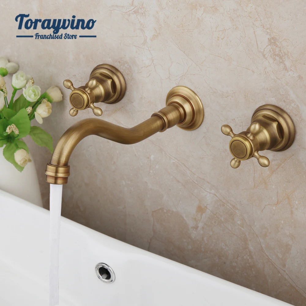 Torayvino Bathroom Bathtub Basin Faucet Antique Brass Wall Mounted Separate Installation Dual Handle Hot Cold Water Mixer Set  