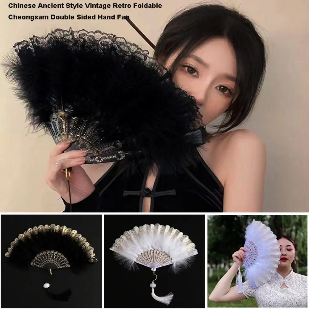 

Веер в китайском древнем стиле, складной, двусторонний, винтажный, ретро, с мехом, для женщин, для показов мод, с пластиковыми ребрами