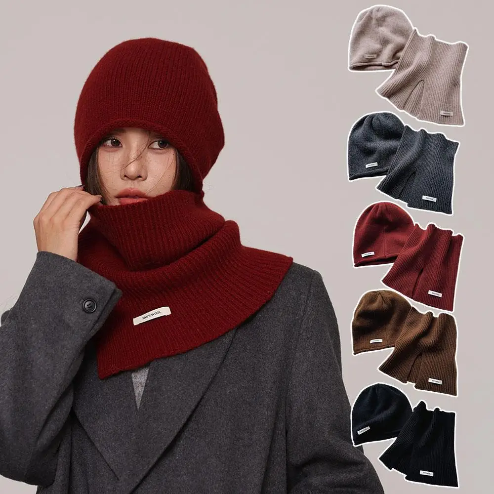 

100% Wool Soft Cashmere Collar Neck Warmer Two-Piece Knitted Cap And Scarf Ribbed Women's Winter Hat Knitting Split Neck Scarves