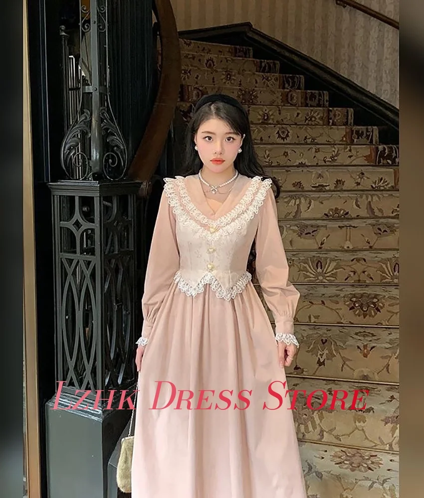 Personalizado gracioso jérsei a linha botões de renda vestido de noite temperamento mangas compridas com decote em v chá comprimento sob medida vestidos de ocasião