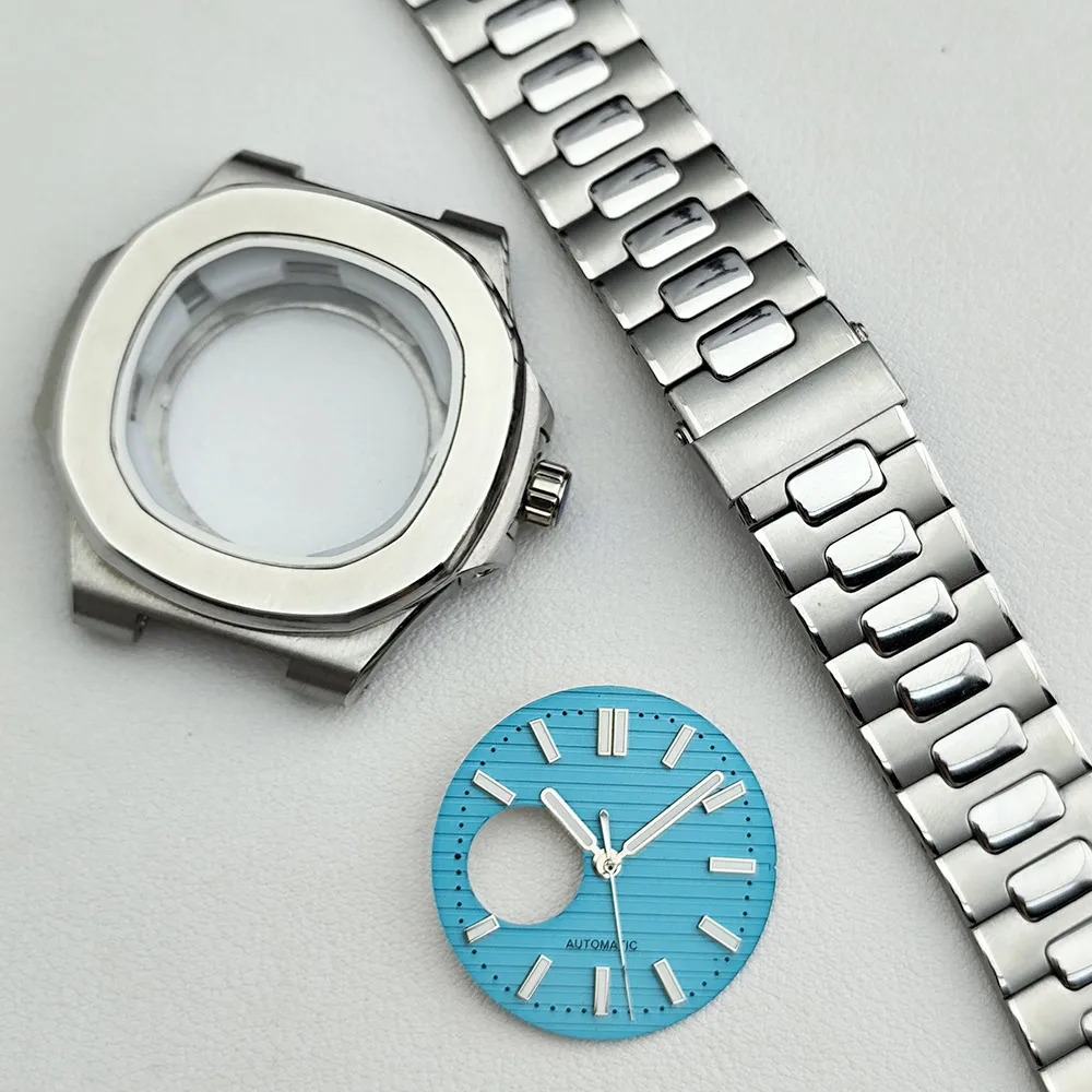 High quality new 43.7mm  watch metal case FIT NH35 movement sapphire watch box 5Bar watch parts accessories strap Dial Green