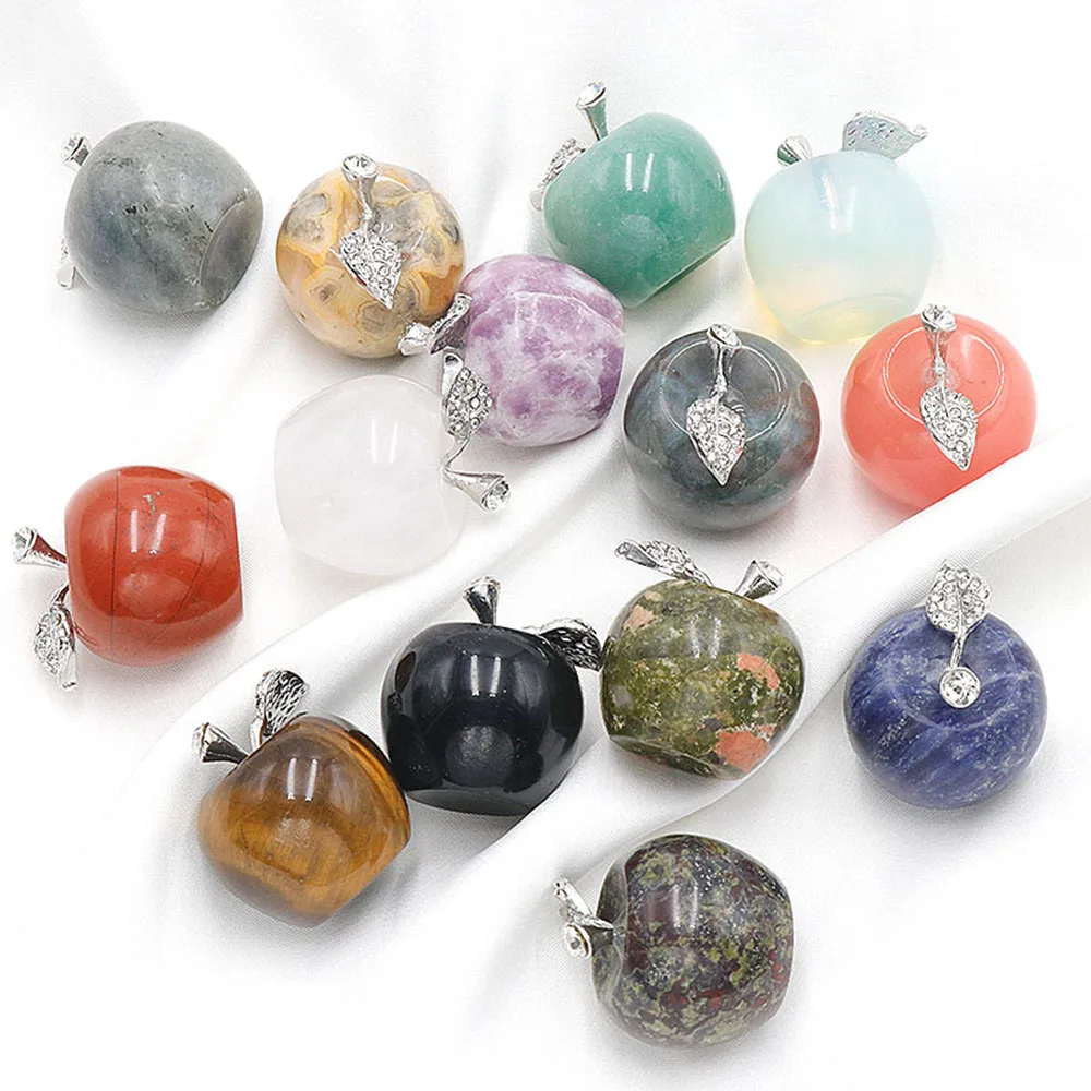 Natural Stone Apple Statue Healing Crystal Rose Quartz Opal Fruit Statue Carving Figurine Home Decor
