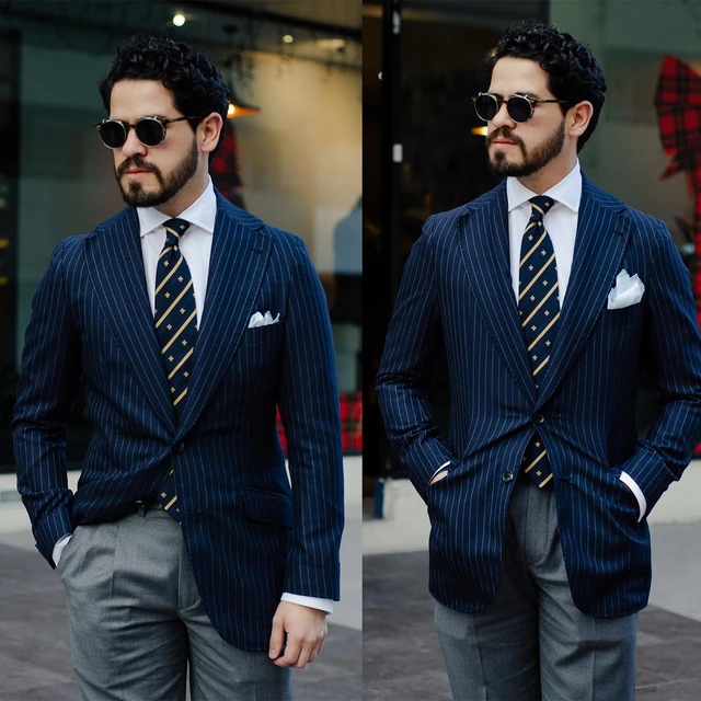 Men S Suit 2 Pieces Navy Pinstripes Blazer Gray Pants Tuxedo Single Breasted Slim Gentle Business Modern Wedding Groom Tailored Tailor made Suits AliExpress